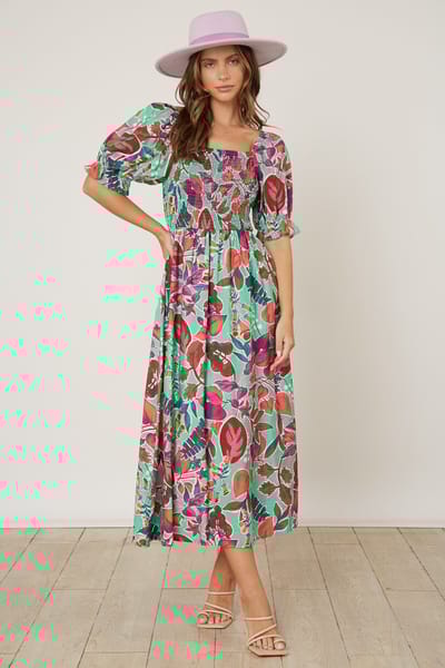 Peach Love Cream Mint Green Floral Puff Sleeve Maxi Dress