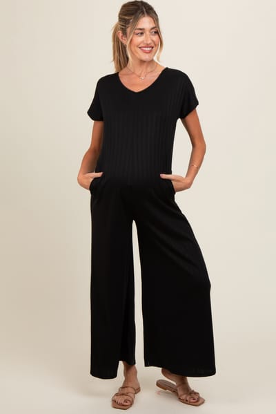 BomBom Black Ribbed Wide Leg Maternity Jumpsuit
