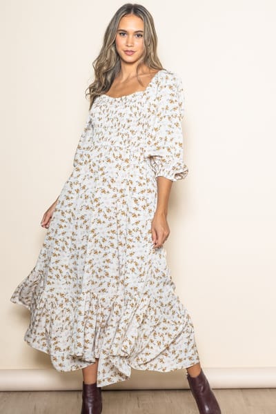 Elloh Ivory Floral Smocked Handkerchief Hem Maxi Dress