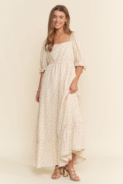 J.NNA Beige Floral Print Square Neckline Maxi Dress
