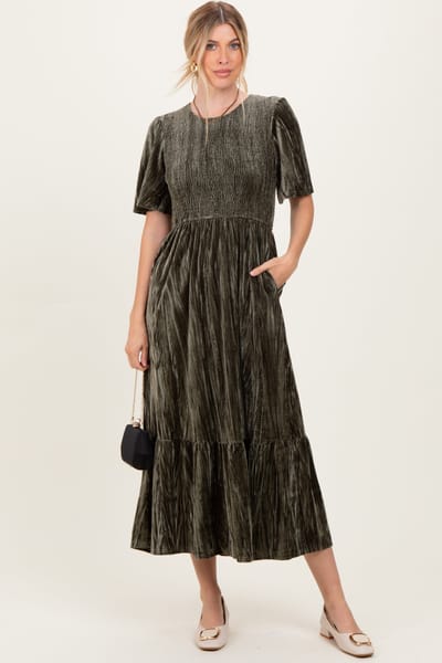 Tea N Rose Olive Smocked Velvet MIdi Dress