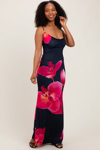 Blue Blush Black Floral Sleeveless Maxi Dress