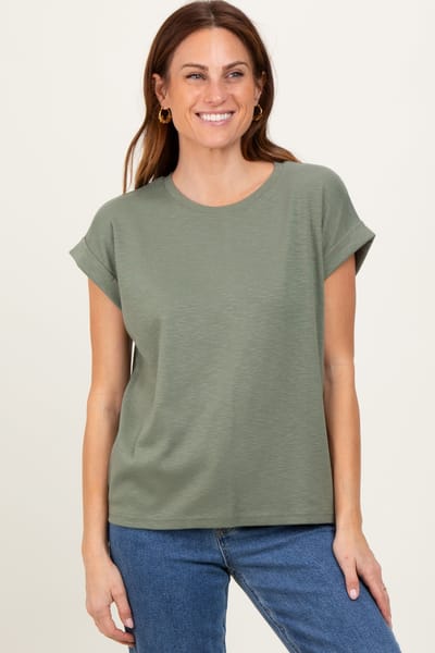 Zenana Outfitters Light Olive Rolled Short Sleeve Tee