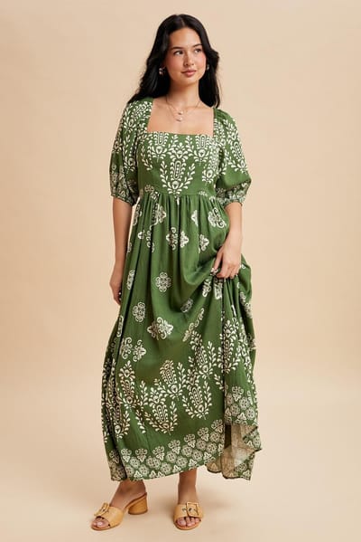 In Loom Green Damask Print Short Sleeve Maxi Dress