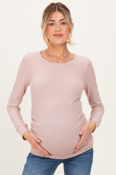 Rhea + Thea Mauve Waffle Knit Long Sleeve Ruched Maternity Tunic Top