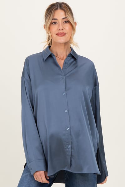 PinkBlush Navy Long Sleeve Oversized Satin Maternity Shirt