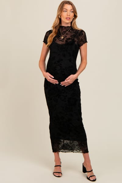 Blanc Clothing Black Floral Mesh Overlay Fitted Maternity Maxi Dress