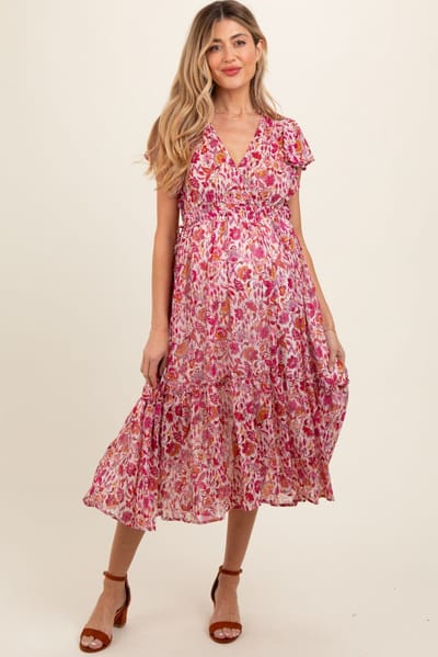 Umgee Pink Floral Chiffon Flutter Sleeve Ruffle Hem Maternity Midi Dress
