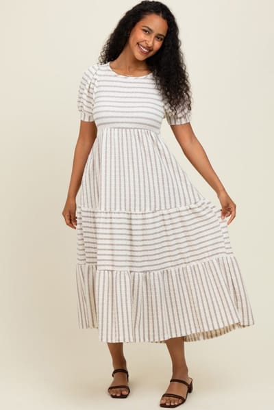 Rhea + Thea Cream/Taupe Striped Short Sleeve Tiered Maxi Dress