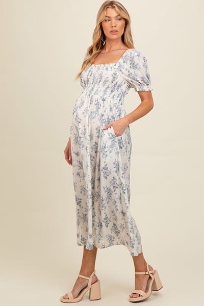 Elloh Ivory Floral Smocked Sweetheart Neckline Maternity Midi Dress