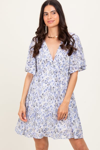 She + Sky Periwinkle Floral V-Neck Flutter Sleeve Mini Dress