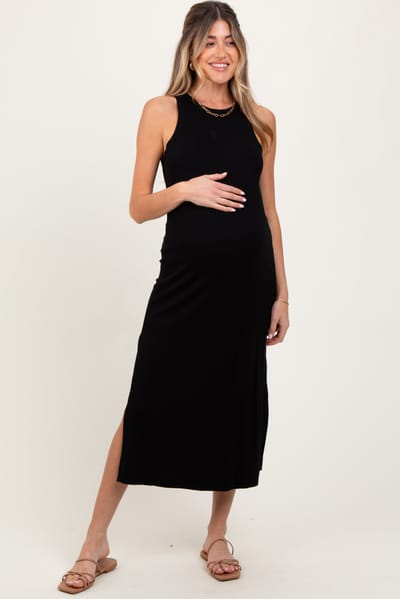 Umgee Black Sleeveless Side Slit Maternity Midi Dress