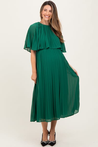 Dress Day Green Pleated Cape Maternity Midi Dress
