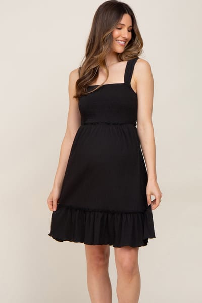 Love Stitch Black Smocked Sleeveless Crepe Maternity Dress