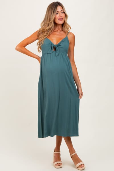 Final Touch Teal Front Tie Sleeveless Maternity Midi Dress