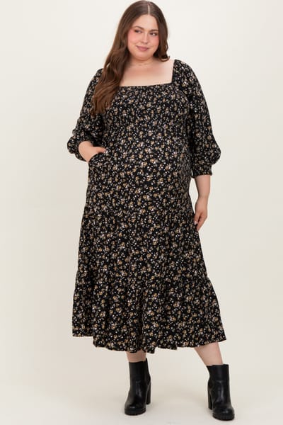 PinkBlush Black Floral Smocked Long Sleeve Maternity Plus Maxi Dress