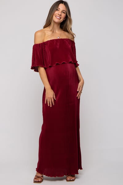 Dress Day Burgundy Pleated Ruffle Off Shoulder Maternity Maxi Dress