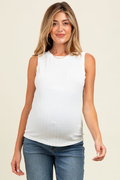 Doe & Rae Ivory Textured Rib Ruffle Detail Maternity Tank Top