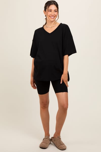 PinkBlush Black Oversized V-Neck Biker Short Maternity Set