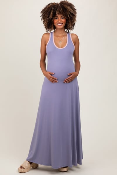 PinkBlush Lavender Solid Open Back Sleeveless Maternity Maxi Dress