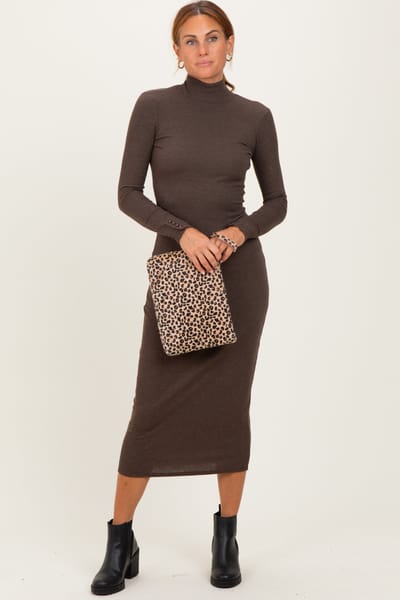 Hers & Mine Brown Turtle Neck Long Sleeve Rib Fitted Midi Dress