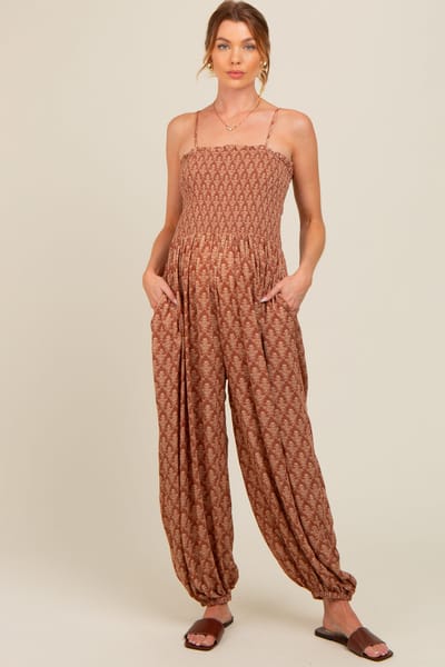 AnnieWear Mocha Damask Smocked Balloon Leg Maternity Jumpsuit