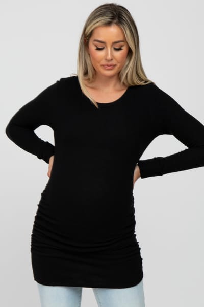 Hello Miz Black Soft Knit Ruched Maternity Top