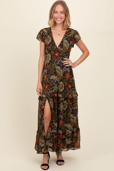 BaeVely Black Floral Deep V-Neck Tiered Maxi Dress
