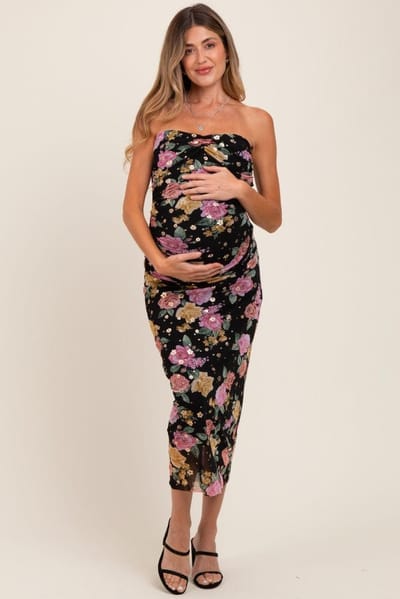 PinkBlush Black Floral Mesh Strapless Fitted Maternity Midi Dress