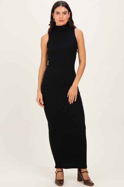 Shop Iris Basic Black Turtleneck Ribbed Knit Sleeveless Maxi Dress