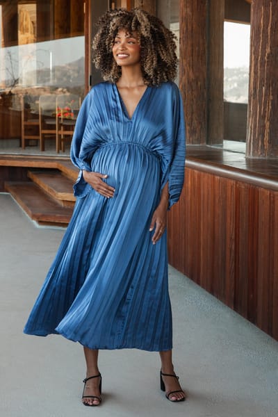 Dress Day Blue Satin Pleated V-Neck Maternity Maxi Dress