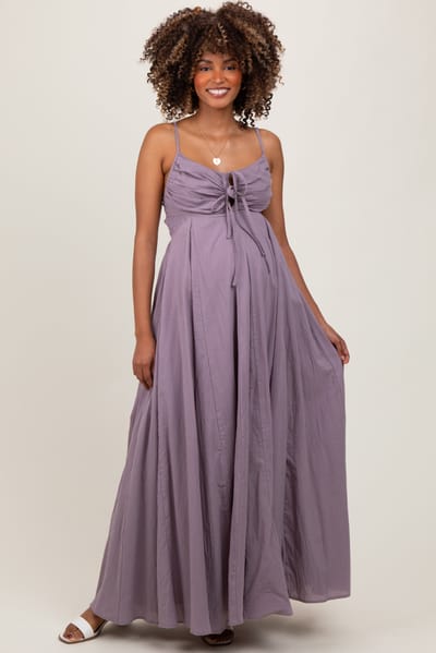 PinkBlush Purple Gathered Tie Front Maternity Maxi Dress