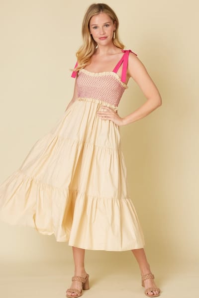 Beeson River Cream Smocked Contrast Shoulder Tie Midi Dress