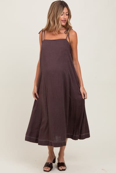 PinkBlush Brown Shoulder Tie Maternity Midi Dress