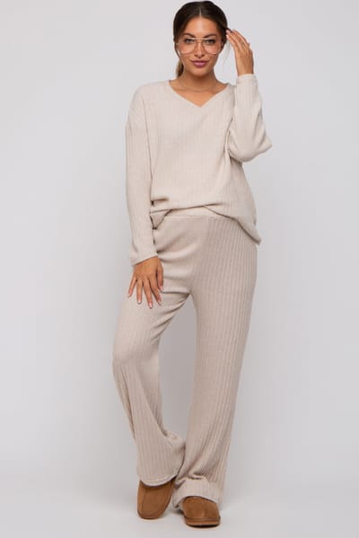 Charmo Beige Ribbed Soft Knit Long Sleeve Maternity Pajama Set
