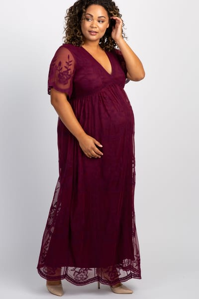 Vanilla Bay PinkBlush Burgundy Lace Mesh Overlay Plus Maternity Maxi Dress