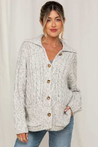 Le Lis Heather Grey Cable Knit Collared Maternity Button Up Cardigan
