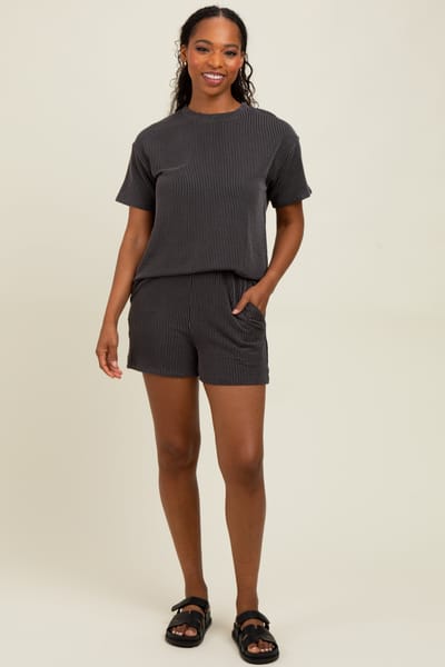 Charmo Charcoal Ribbed Short Sleeve Tee and Short Set