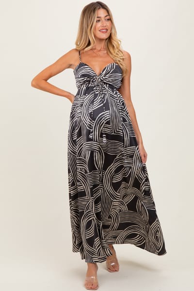 Aakaa Black Printed Halter Cutout Tie Back Maternity Maxi Dress