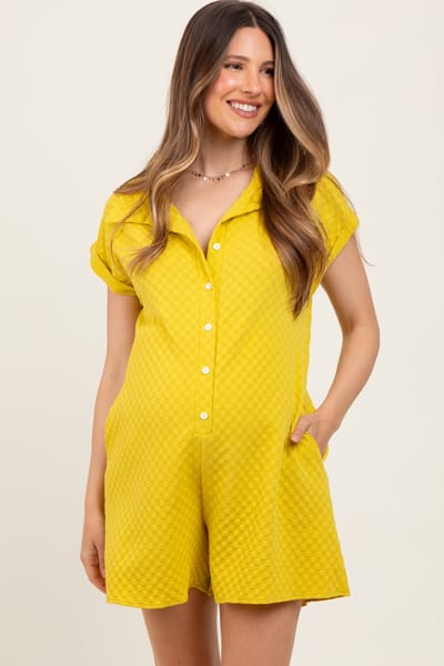 PinkBlush Yellow Jacquard Plaid Button-Down Maternity Romper