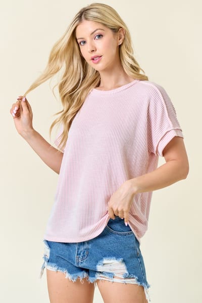 Lovely Melody Pink Ribbed Exposed Seam Short Sleeve Top