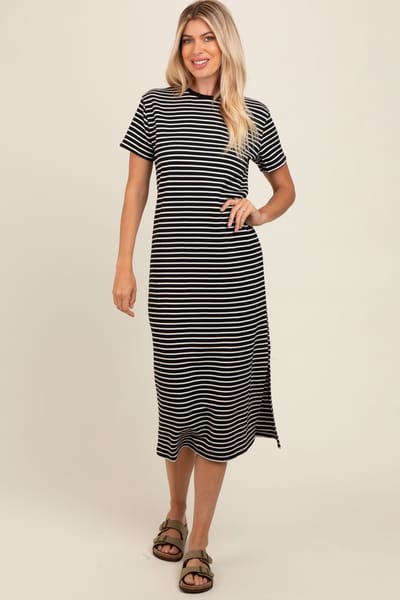 Polagram Black Striped Short Sleeve T-Shirt Midi Dress