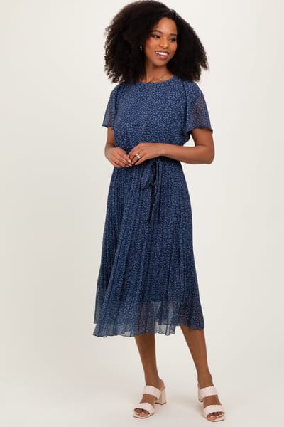 Polagram Navy Leaf Print Pleated Midi Dress