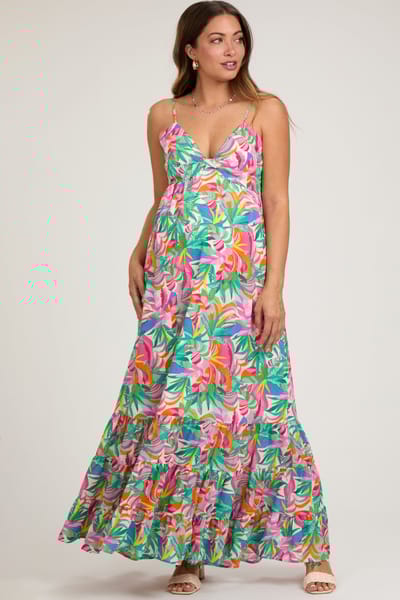 PinkBlush Green Floral Sleeveless Ruffle Hem Maternity Maxi Dress