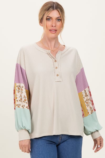 Rhea + Thea Taupe Ribbed Long Sleeve Colorblock Top