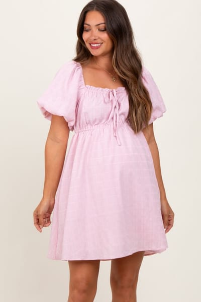 In February Pink Textured Bubble Sleeve Maternity Mini Dress