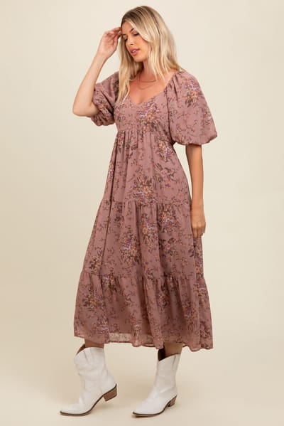 BaeVely Mauve Floral Tiered Puff Sleeve Maxi Dress