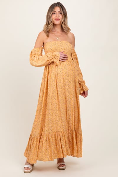 Elloh Yellow Floral Smocked Off Shoulder Maternity Maxi Dress