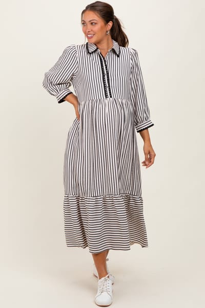 PinkBlush Black Striped Scallop Trim 3/4 Sleeve Maternity Midi Dress