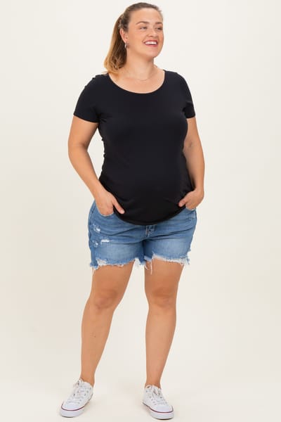 Risen Jeans Blue Super Distressed Maternity Plus Jean Shorts